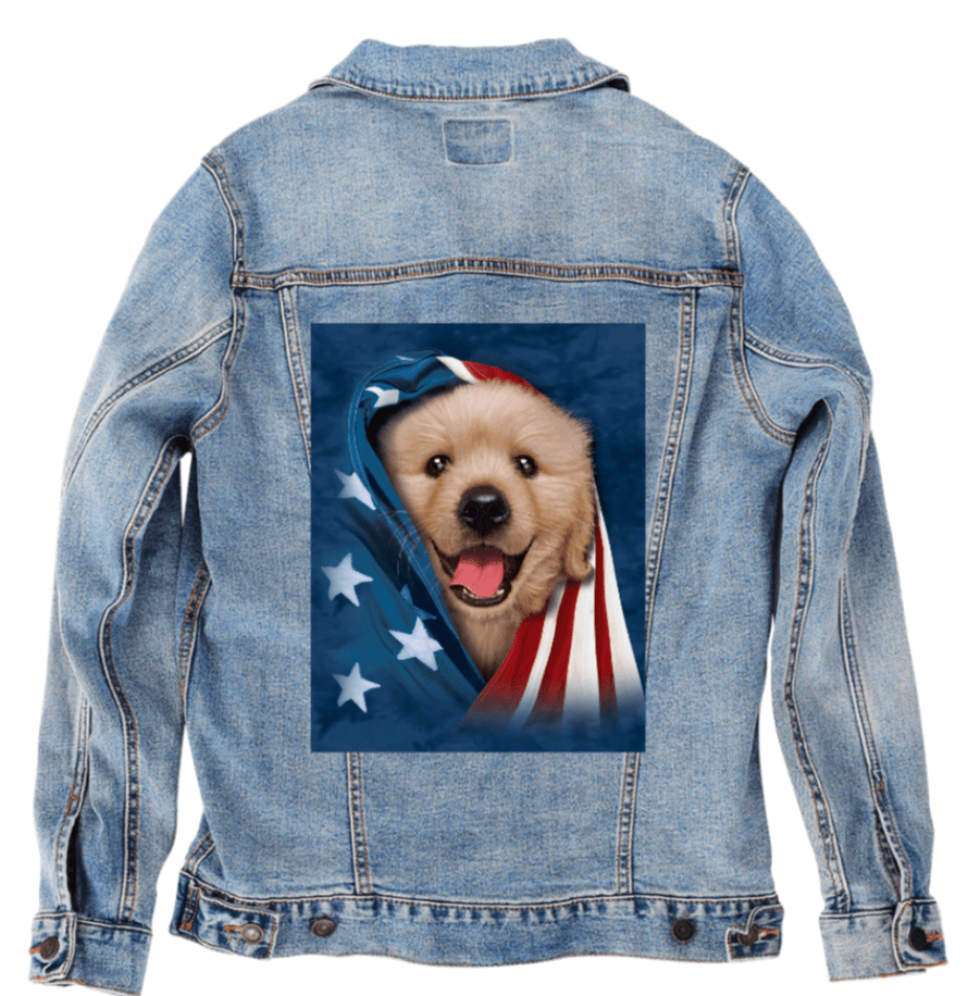 PATRIOTIC GOLDEN RETRIEVER by VINCENT HIE, printed on denim jackets and other denim products: tote bags, throw pillows, table place mats, aprons