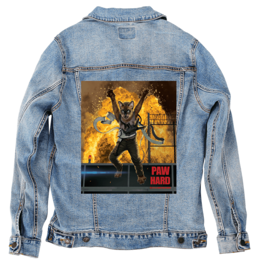 PAW HARD by VINCENT HIE, printed on denim jackets and other denim products: tote bags, throw pillows, table place mats, aprons