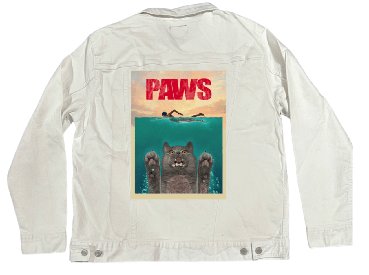 PAWS2 by VINCENT HIE, printed on denim jackets and other denim products: tote bags, throw pillows, table place mats, aprons