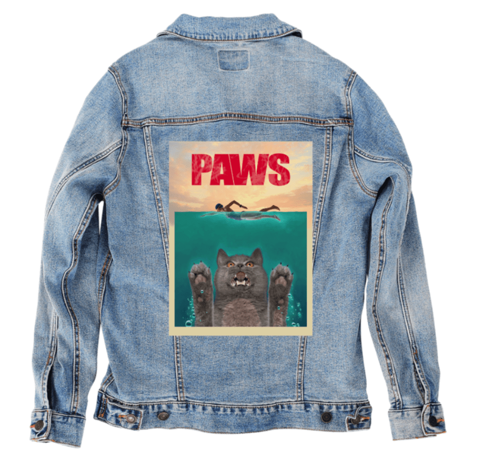 PAWS2 by VINCENT HIE, printed on denim jackets and other denim products: tote bags, throw pillows, table place mats, aprons