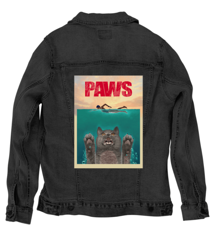 PAWS2 by VINCENT HIE, printed on denim jackets and other denim products: tote bags, throw pillows, table place mats, aprons