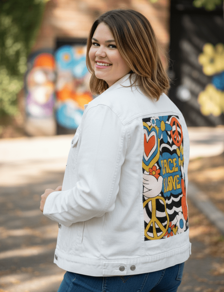 PEACE AND LOVE GREEN by KITSCH AND CURATE, printed on denim jackets and other denim products: tote bags, throw pillows, table place mats, aprons