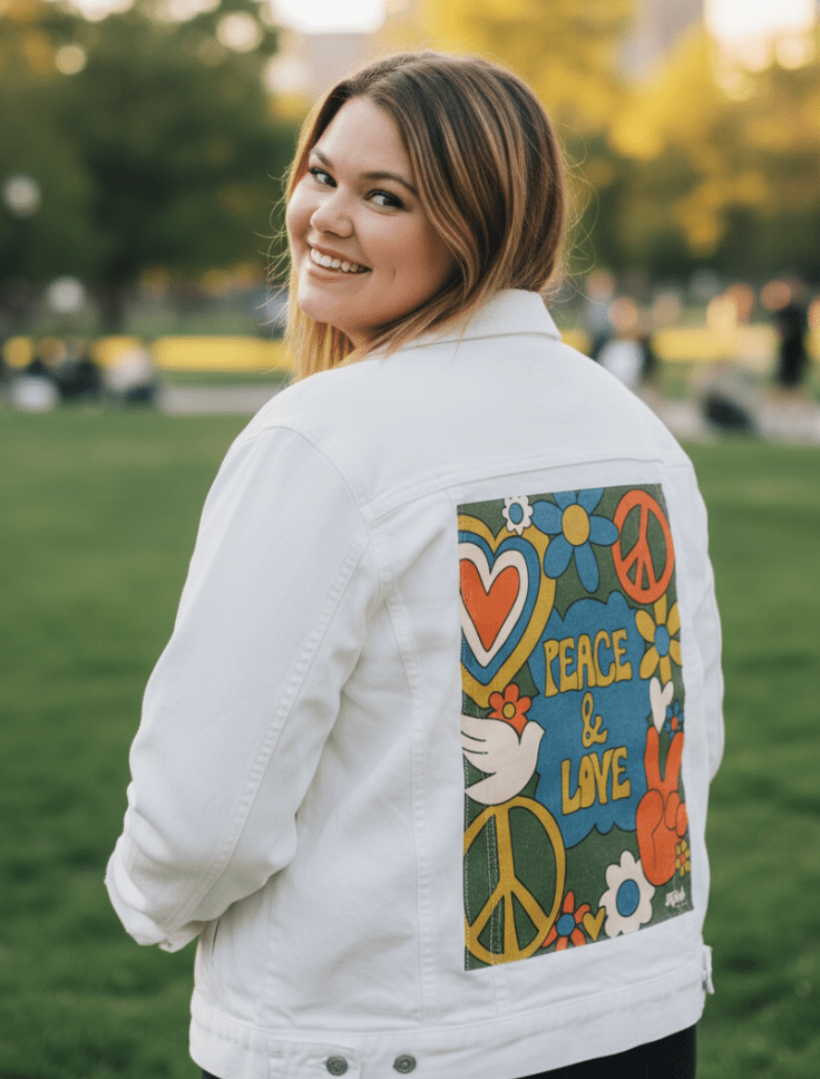 PEACE AND LOVE GREEN by KITSCH AND CURATE, printed on denim jackets and other denim products: tote bags, throw pillows, table place mats, aprons