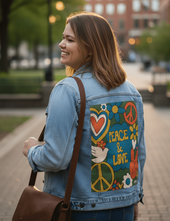 PEACE AND LOVE GREEN by KITSCH AND CURATE, printed on denim jackets and other denim products: tote bags, throw pillows, table place mats, aprons