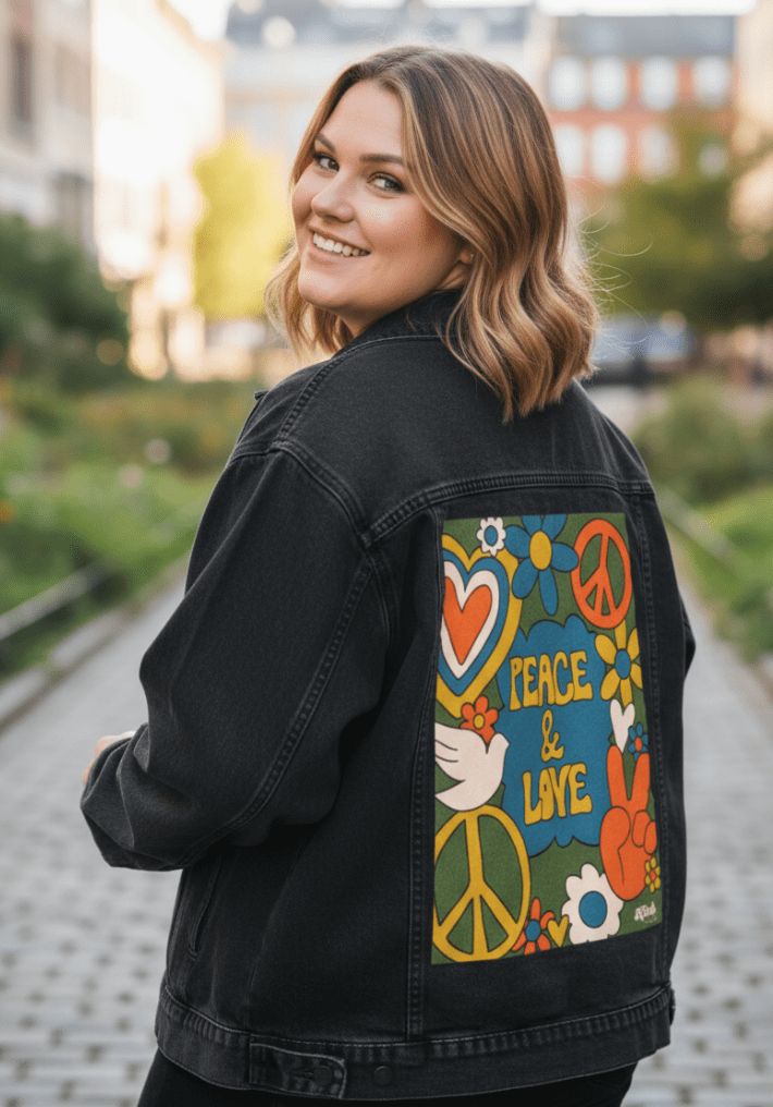 PEACE AND LOVE GREEN by KITSCH AND CURATE, printed on denim jackets and other denim products: tote bags, throw pillows, table place mats, aprons