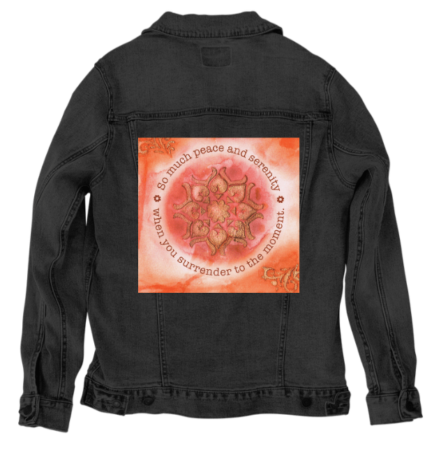 PEACE AND SERENITY by CANVAS and QUOTATIONS, printed on denim jackets and other denim products: tote bags, throw pillows, table place mats, aprons custom denim jacket by DenimINK