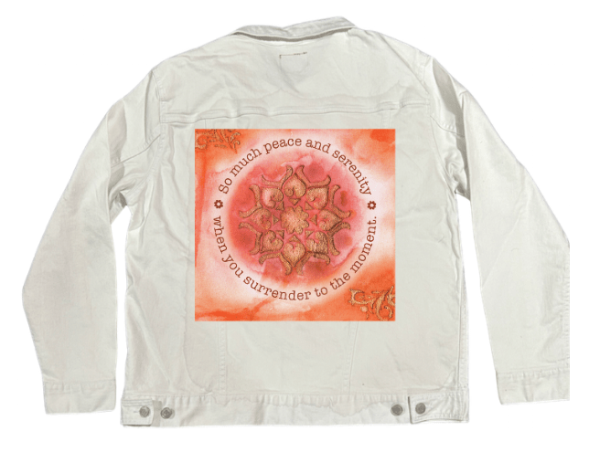 PEACE AND SERENITY by CANVAS and QUOTATIONS, printed on denim jackets and other denim products: tote bags, throw pillows, table place mats, aprons custom denim jacket by DenimINK