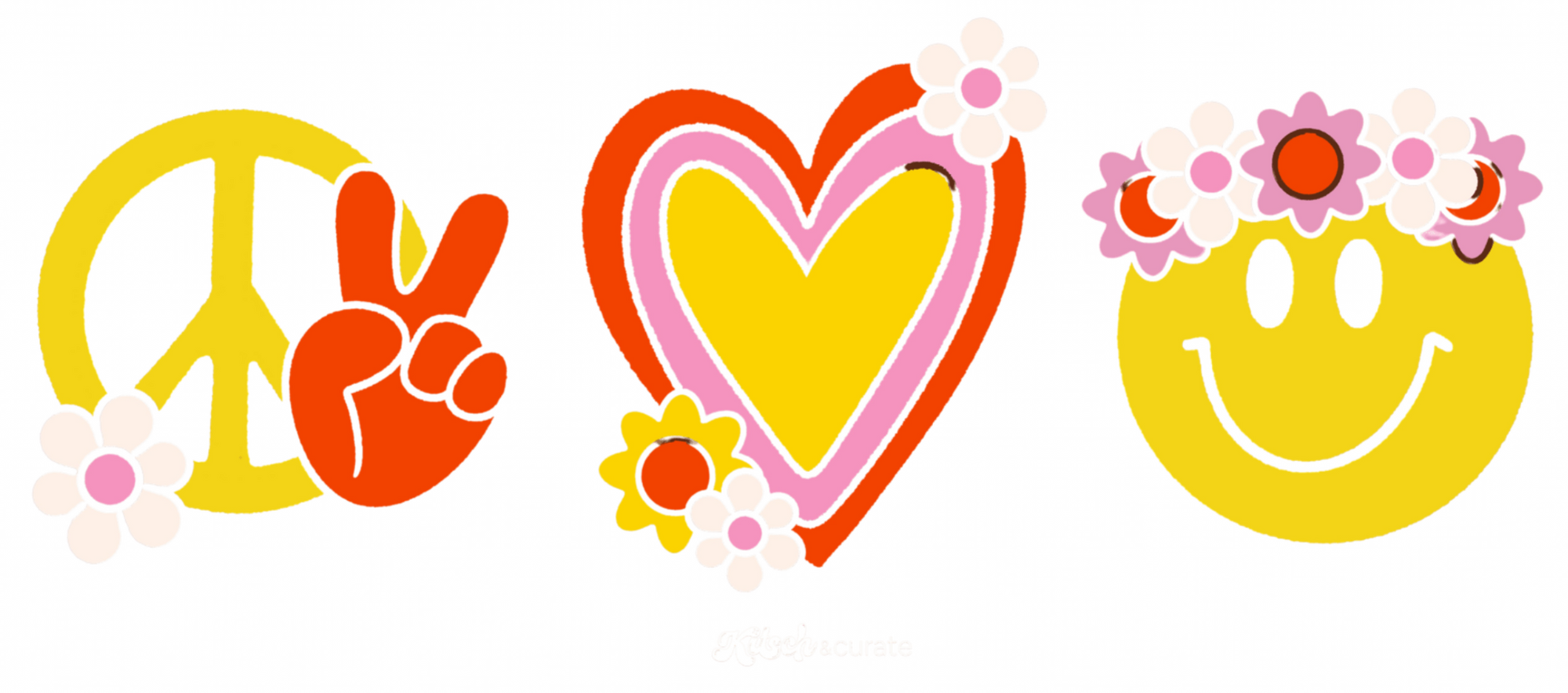 PEACE LOVE HAPPINESS by KITSCH AND CURATE, printed on denim jackets and other denim products: tote bags, throw pillows, table place mats, aprons