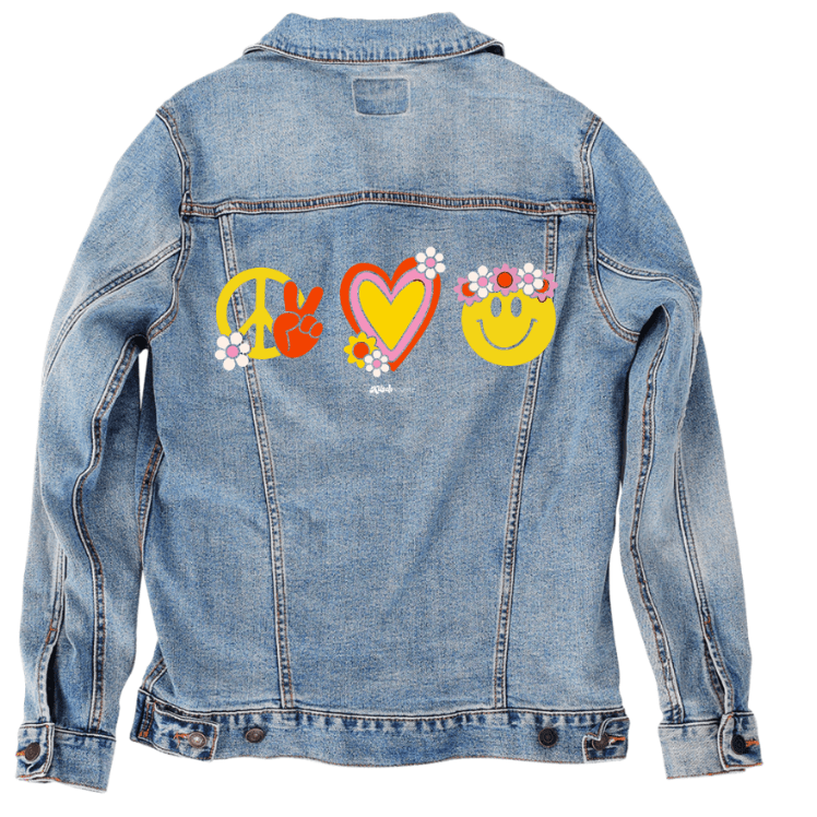 PEACE LOVE HAPPINESS by KITSCH AND CURATE, printed on denim jackets and other denim products: tote bags, throw pillows, table place mats, aprons