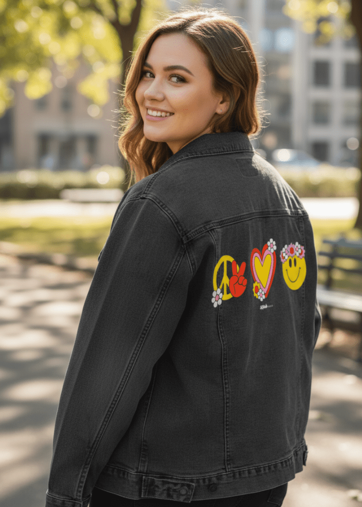 PEACE LOVE HAPPINESS by KITSCH AND CURATE, printed on denim jackets and other denim products: tote bags, throw pillows, table place mats, aprons