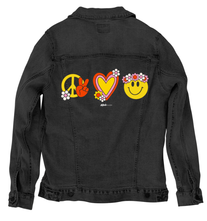 PEACE LOVE HAPPINESS by KITSCH AND CURATE, printed on denim jackets and other denim products: tote bags, throw pillows, table place mats, aprons