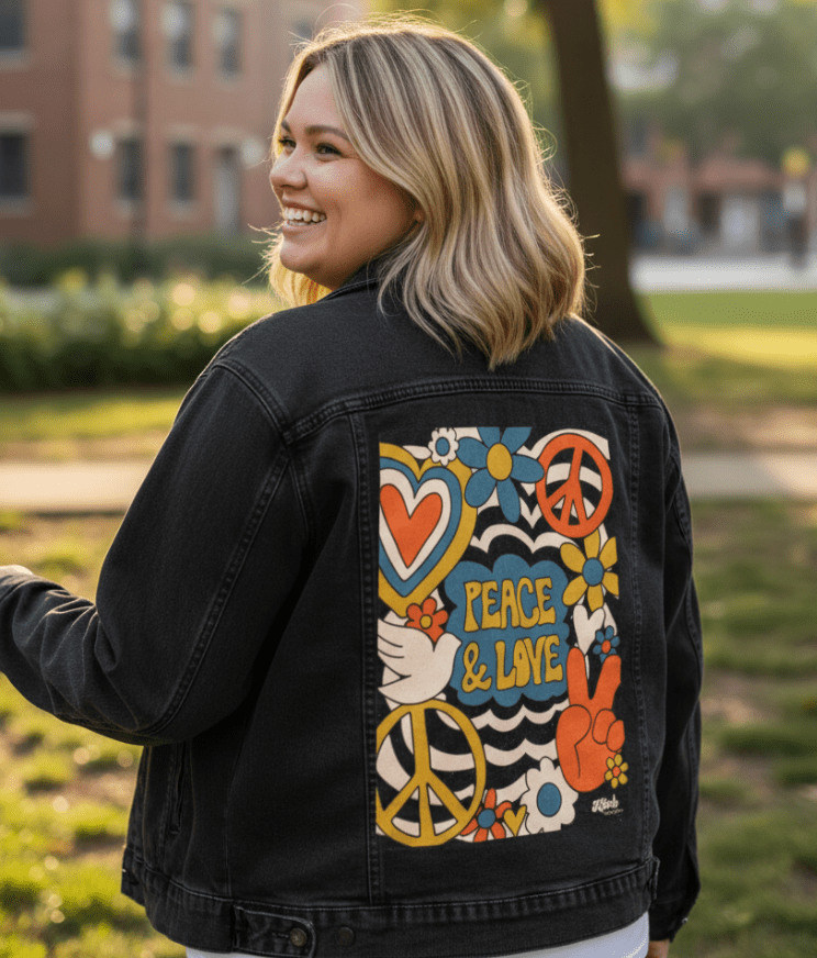 PEACE LOVE STRIPES by KITSCH AND CURATE, printed on denim jackets and other denim products: tote bags, throw pillows, table place mats, aprons