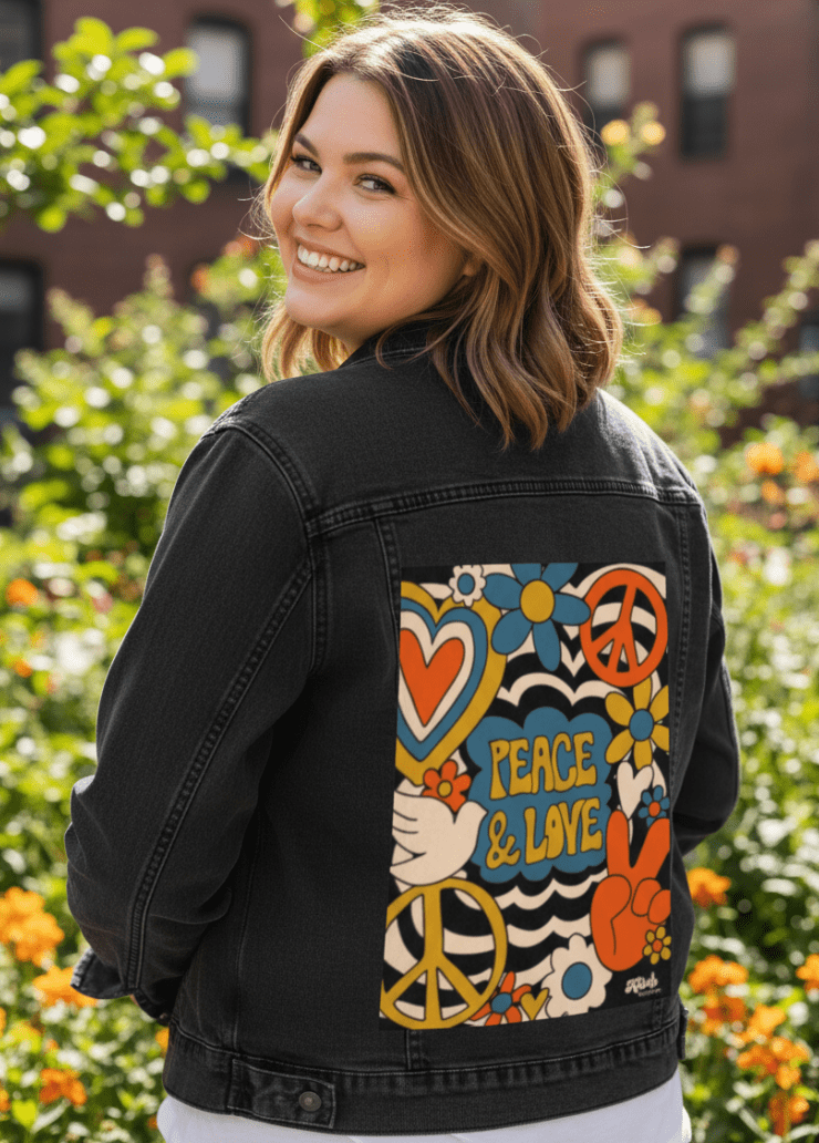 PEACE LOVE STRIPES by KITSCH AND CURATE, printed on denim jackets and other denim products: tote bags, throw pillows, table place mats, aprons