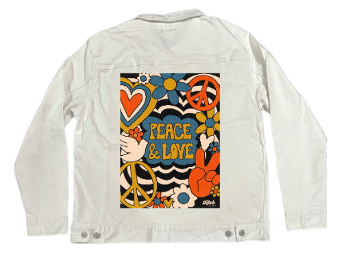 PEACE LOVE STRIPES by KITSCH AND CURATE, printed on denim jackets and other denim products: tote bags, throw pillows, table place mats, aprons
