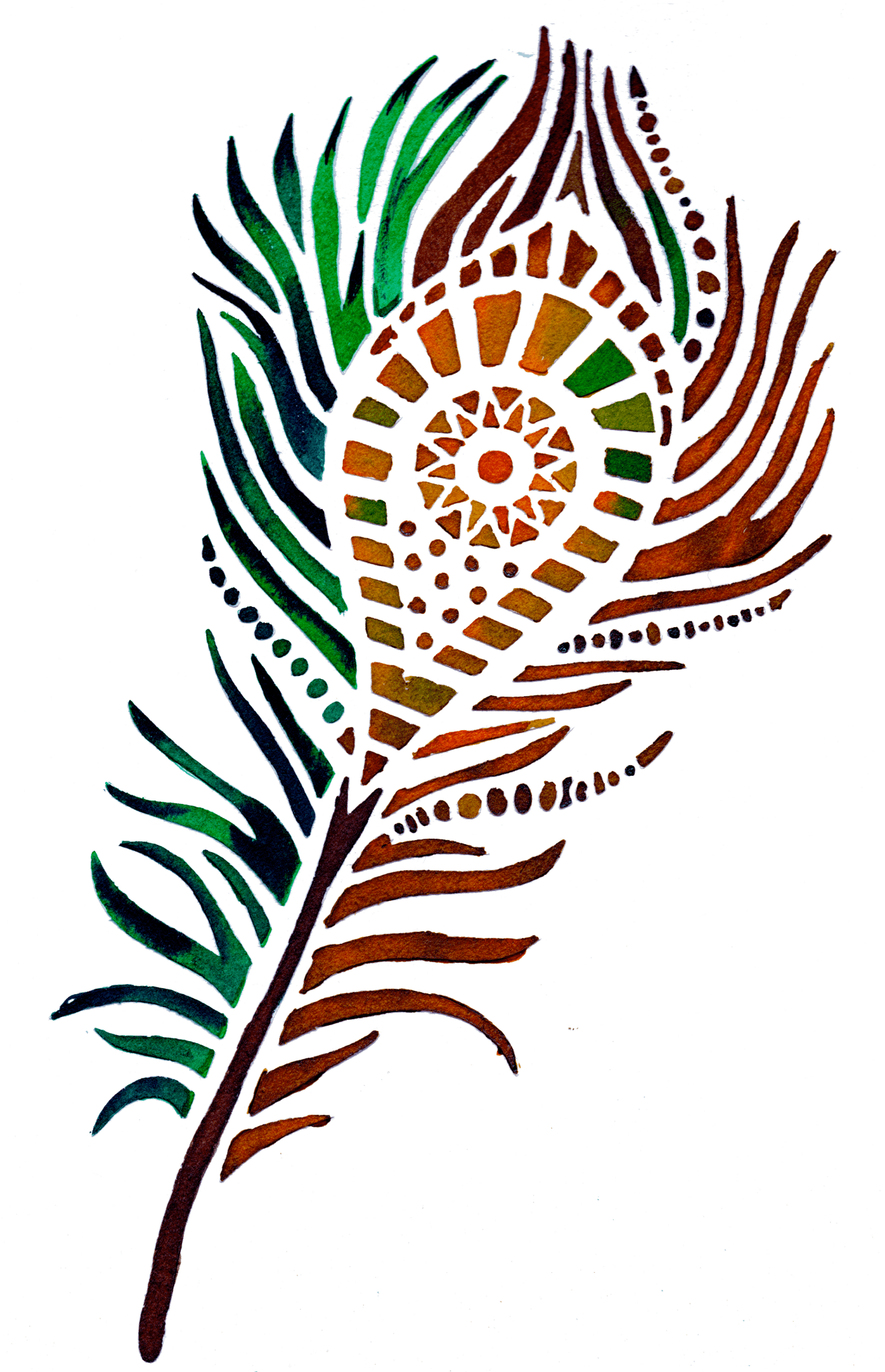 illustration of a stylized peacock feather composed of mosaic-like shapes in deep green, blue, orange, gold, and red tones, forming layered barbs and an intricate eye pattern at the center. the artwork is titled “Peacock Feather” and created by Canvas & Quotations (Monika Chugh and Alka Chopra)