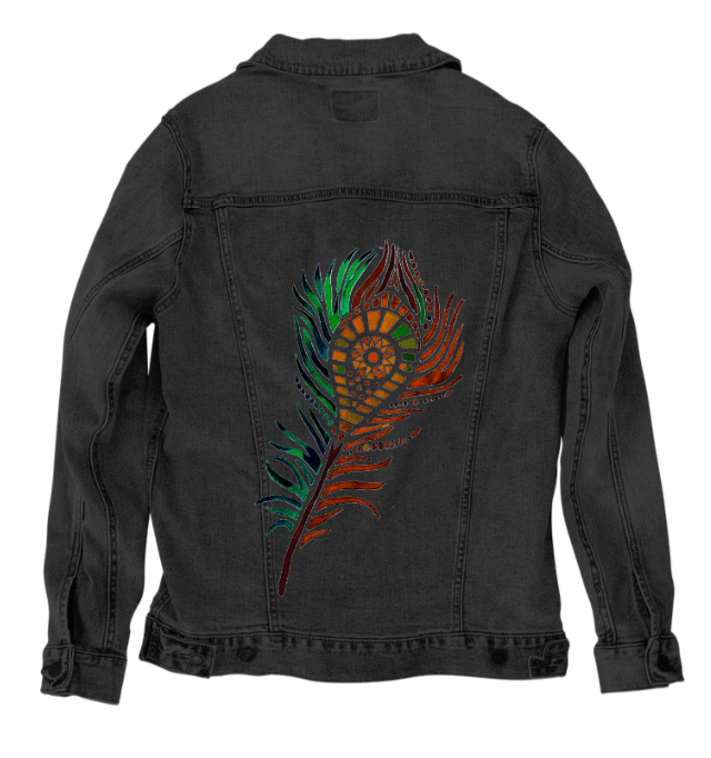 PEACOCK FEATHER by CANVAS and QUOTATIONS,printed by DenimINK on hand - crafted Denim Jackets and other denim products and other denim products: tote bags, throw pillows, table place mats, aprons custom denim jacket by DenimINK