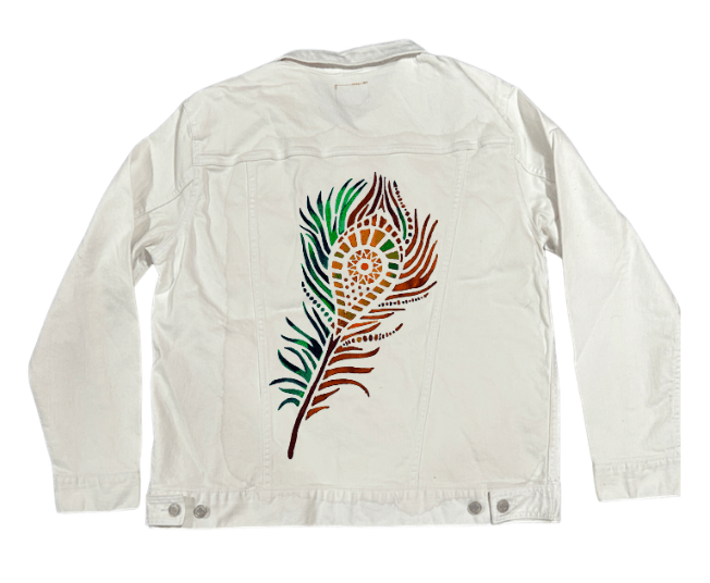 PEACOCK FEATHER by CANVAS and QUOTATIONS,printed by DenimINK on hand - crafted Denim Jackets and other denim products and other denim products: tote bags, throw pillows, table place mats, aprons custom denim jacket by DenimINK