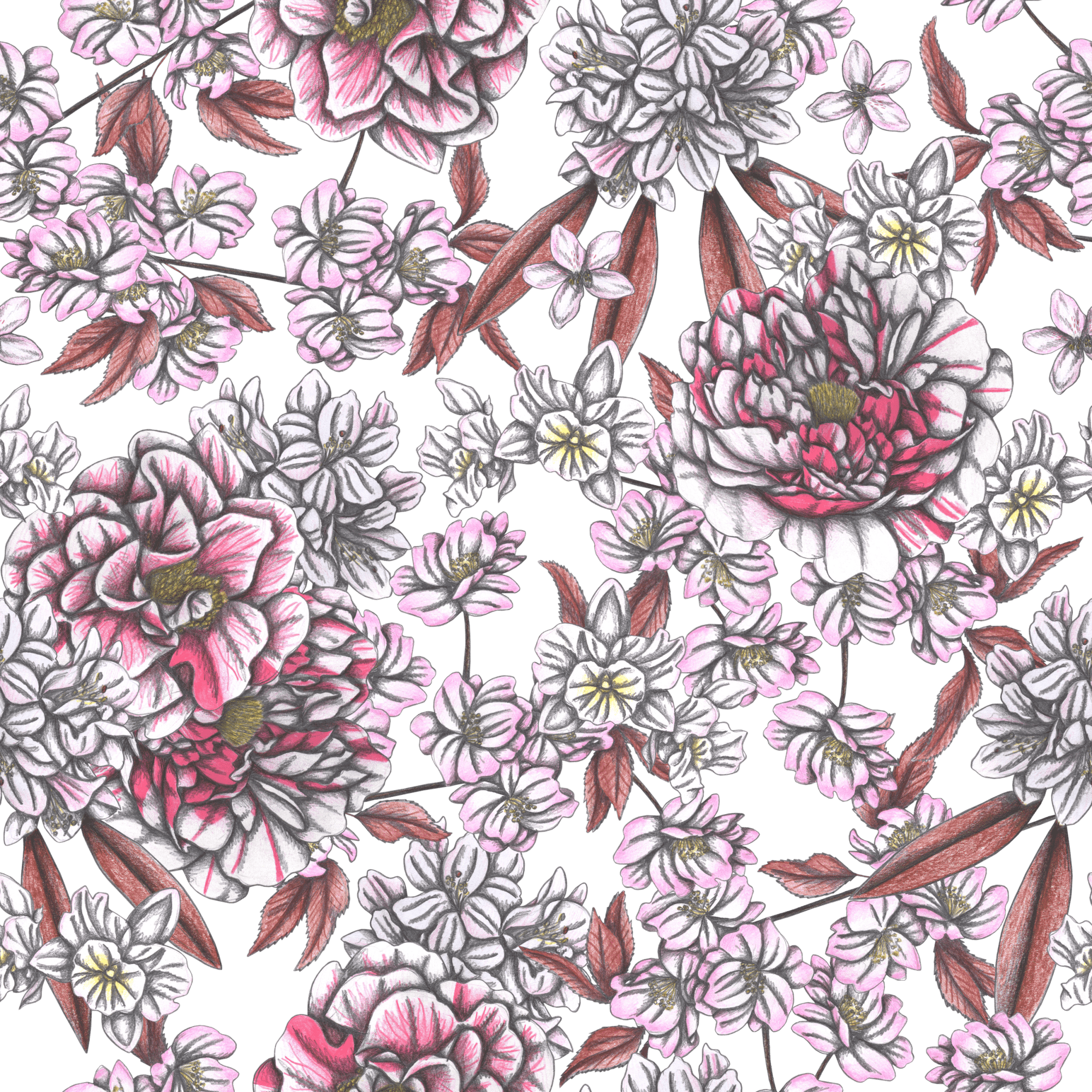 illustration of softly shaded peonies & wildflowers in blush pink, ivory & muted reds, layered with detailed pencil lines on a transparent background. petals overlap in waves of gentle bloom, accented with pale yellow centers & slender dusty rose leaves. this artwork is titled “Pink Afternoon” and created by Cecilia Battaini, printed on denim products by DenimINK.
