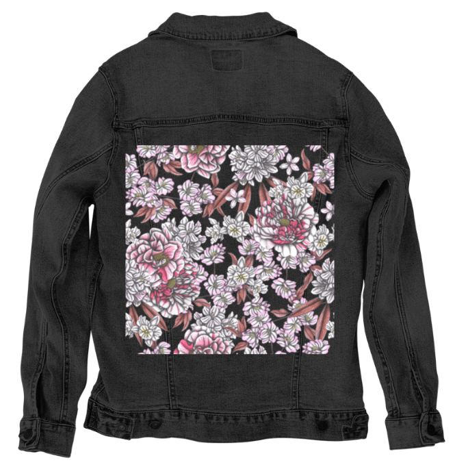 back view of a black denim jacket featuring a bold printed panel of hand-drawn peonies, layered blossoms & elongated rose leaves in a soft pink & cream palette with graphite outlines. the artwork “Pink Afternoon” by Cecilia Battaini is digitally printed on the jacket’s back panel by DenimINK.
