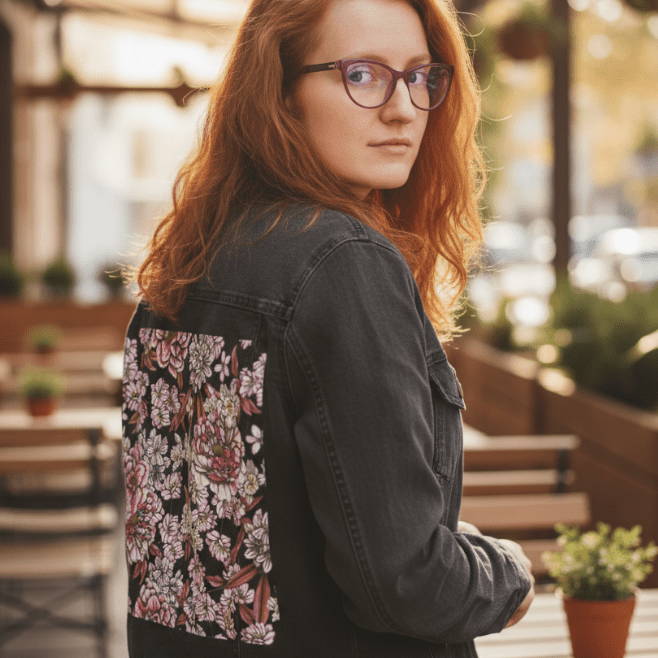 three-quarter rear view of a model seated on a café patio, wearing a black denim jacket adorned with finely drawn pink blossoms and ivory flowers. soft pencil lines and layered petals give the piece a nostalgic, botanical-illustration feel. the artwork “Pink Afternoon” by Cecilia Battaini is digitally printed on the jacket’s back panel by DenimINK.