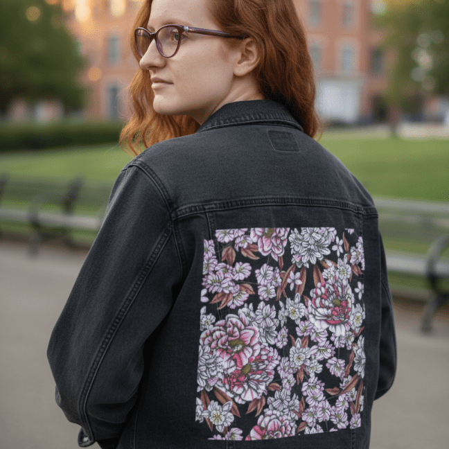 back view of a model standing in a city park wearing a black denim jacket with a richly printed floral panel in blush pink, ivory, & rose tones against a black background. the blossoms cascade in hand-drawn clusters, with dusty pink leaves adding depth. the artwork “Pink Afternoon” by Cecilia Battaini is digitally printed on the jacket’s back panel by DenimINK.