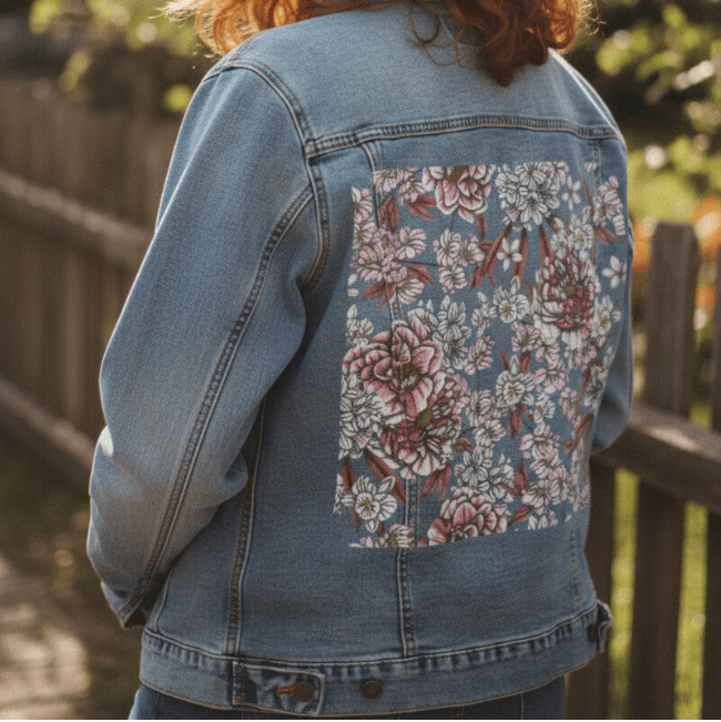 three-quarter rear view of a model standing near a wooden fence in soft natural light, wearing a stonewashed denim jacket with printed peonies & blossoms in pink & white. the hand-drawn flowers & gentle linework evoke a vintage botanical print. the artwork “Pink Afternoon” by Cecilia Battaini is digitally printed on the jacket’s back panel by DenimINK.