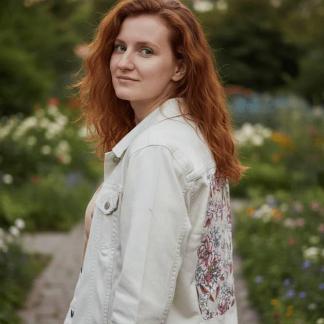 three-quarter rear view of a model walking a stone garden path while wearing a white denim jacket featuring pale pink & white hand-drawn florals. the detailed pencil-shaded petals & soft pinks glow in the golden hour light. the artwork “Pink Afternoon” by Cecilia Battaini is digitally printed on the jacket’s back panel by DenimINK.