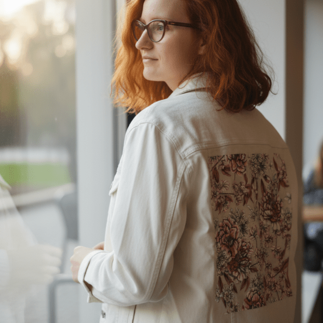 side view of a model standing by a tall window at sunset, wearing a white denim jacket featuring softly printed florals in white, rose, and dusty pink tones. delicate hand-drawn blossoms in a vintage layout drift across the back panel. the artwork “Pink Afternoon” by Cecilia Battaini is digitally printed on the jacket’s back panel by DenimINK.