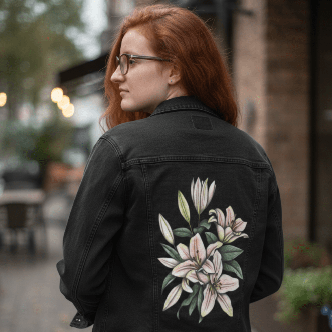 back view of a model standing on a sunlit brick patio surrounded by potted plants, wearing a black denim jacket printed with large, detailed pink lilies. the floral design shows multiple blossoms, buds & elongated green leaves cascading down the panel. the artwork “Pink Lilies” by Cecilia Battaini is digitally printed on the jacket’s back panel by DenimINK.