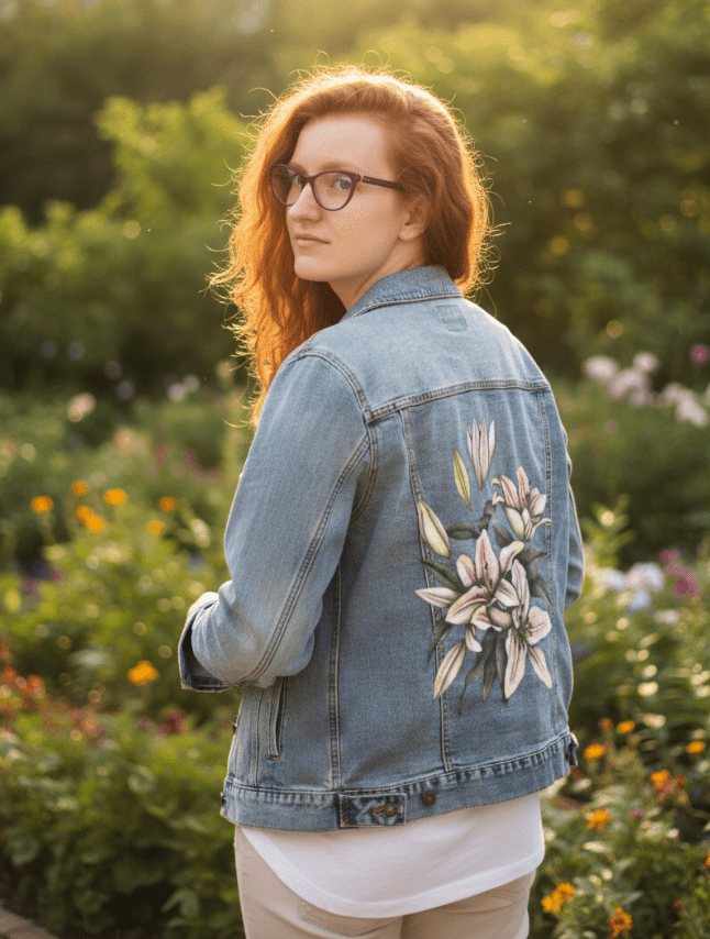side view of a model walking along a city sidewalk beside an ivy-covered brick wall, wearing a stonewashed denim jacket printed with pink lilies & green foliage. the flowers appear soft & painterly, stretching from the shoulder down to the lower hem. the artwork “Pink Lilies” by Cecilia Battaini is digitally printed on the jacket’s back panel by DenimINK.