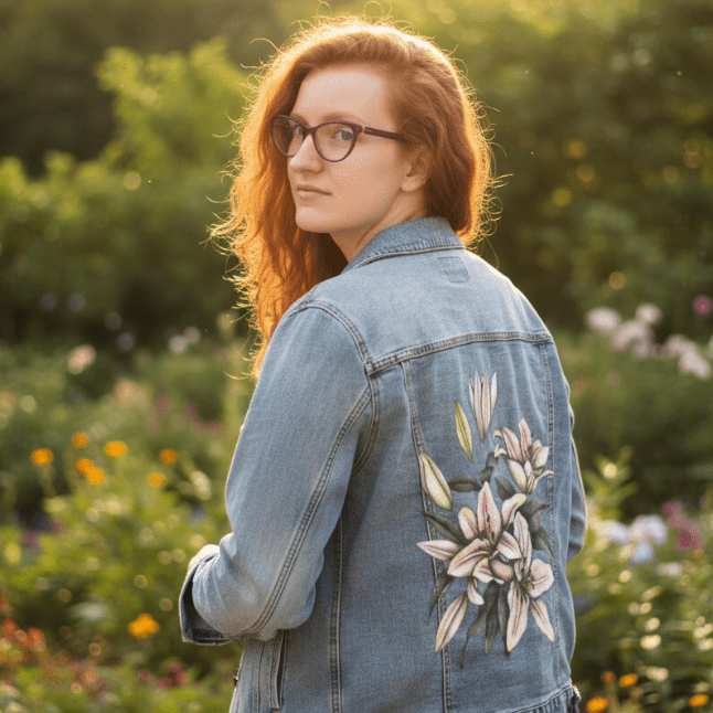 side view of a model walking along a city sidewalk beside an ivy-covered brick wall, wearing a stonewashed denim jacket printed with pink lilies & green foliage. the flowers appear soft & painterly, stretching from the shoulder down to the lower hem. the artwork “Pink Lilies” by Cecilia Battaini is digitally printed on the jacket’s back panel by DenimINK.