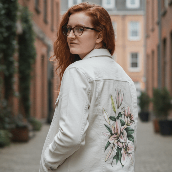 three-quarter rear view of a model standing in a narrow cobblestone alley, wearing a white denim jacket featuring softly illustrated pink lilies with pale buds, curved petals & layered green leaves. the printed design stretches vertically along the back panel. the artwork “Pink Lilies” by Cecilia Battaini is digitally printed on the jacket’s back panel by DenimINK.