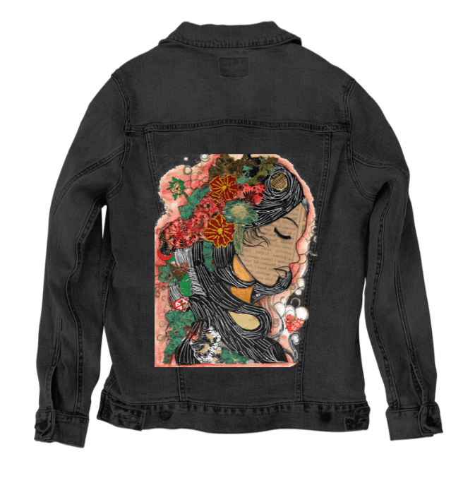 PRETTY WOMAN by CANVAS and QUOTATIONS, printed on denim jackets and other denim products: tote bags, throw pillows, table place mats, aprons custom denim jacket by DenimINK