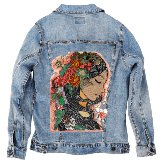 PRETTY WOMAN by CANVAS and QUOTATIONS, printed on denim jackets and other denim products: tote bags, throw pillows, table place mats, aprons custom denim jacket by DenimINK