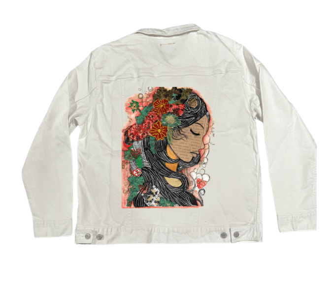 PRETTY WOMAN by CANVAS and QUOTATIONS, printed on denim jackets and other denim products: tote bags, throw pillows, table place mats, aprons custom denim jacket by DenimINK