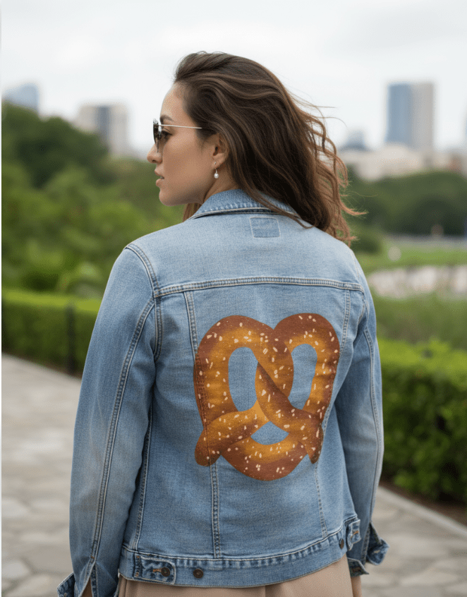 PRETZEL by thearticsoul, printed on denim jackets and other denim products: tote bags, throw pillows, table place mats, aprons