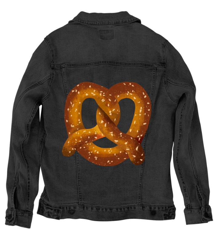 PRETZEL by thearticsoul, printed on denim jackets and other denim products: tote bags, throw pillows, table place mats, aprons
