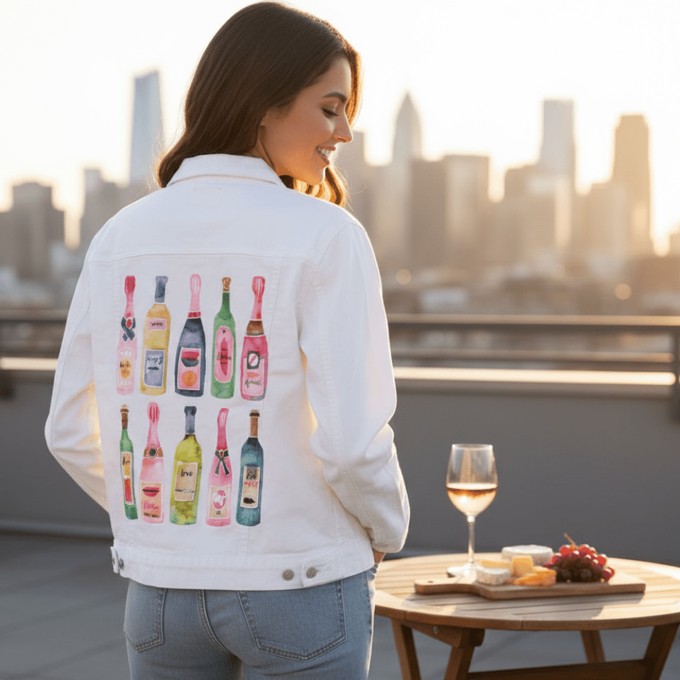 Printed Denim Jacket CHAMPGANE COLLECTION by CatCoq, digitally printed on DENIM products: throw pillows, aprons, table place mats, and hand-crafted Unisex Denim Jackets in 3 color choices