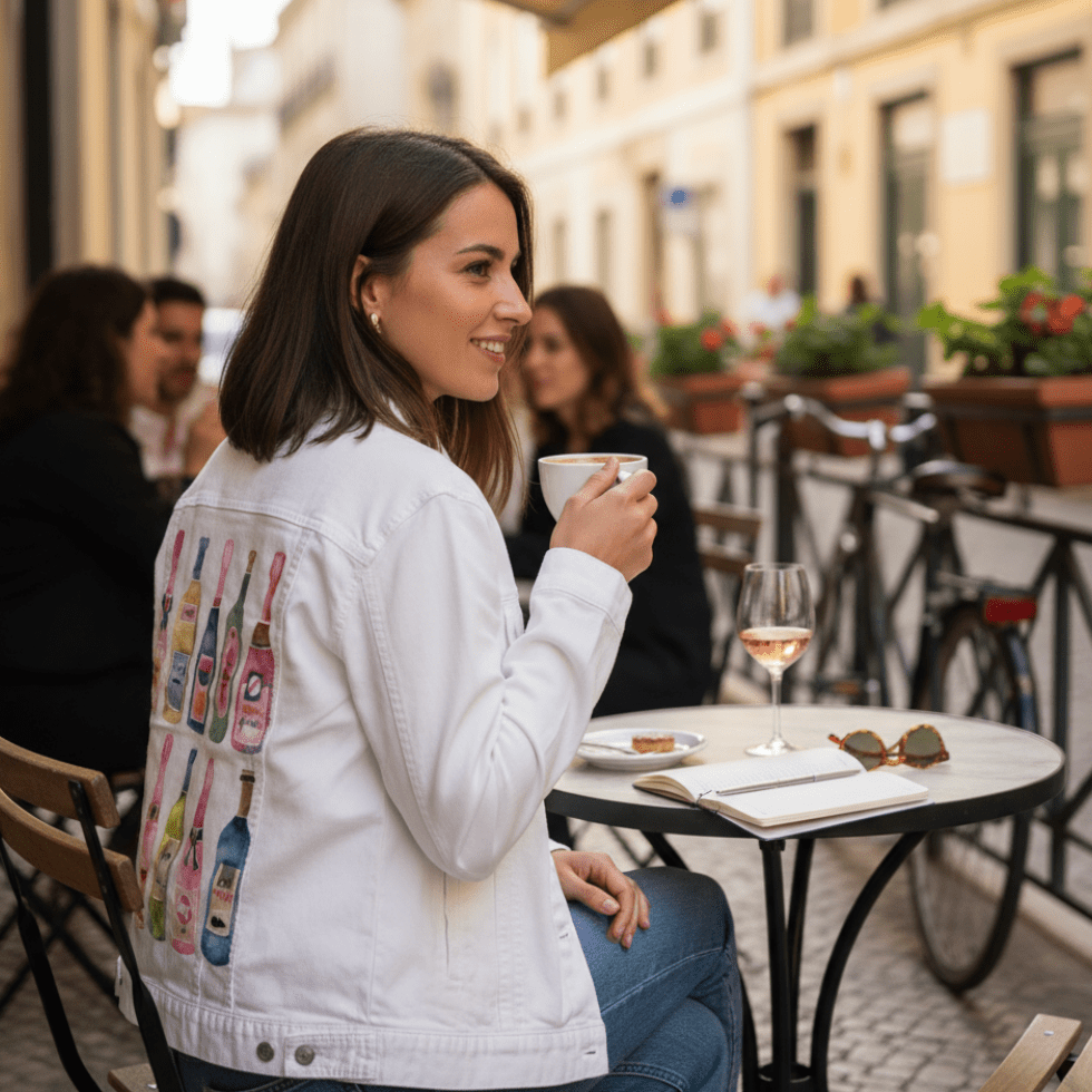Printed Denim Jacket CHAMPGANE COLLECTION by CatCoq, digitally printed on DENIM products: throw pillows, aprons, table place mats, and hand-crafted Unisex Denim Jackets in 3 color choices