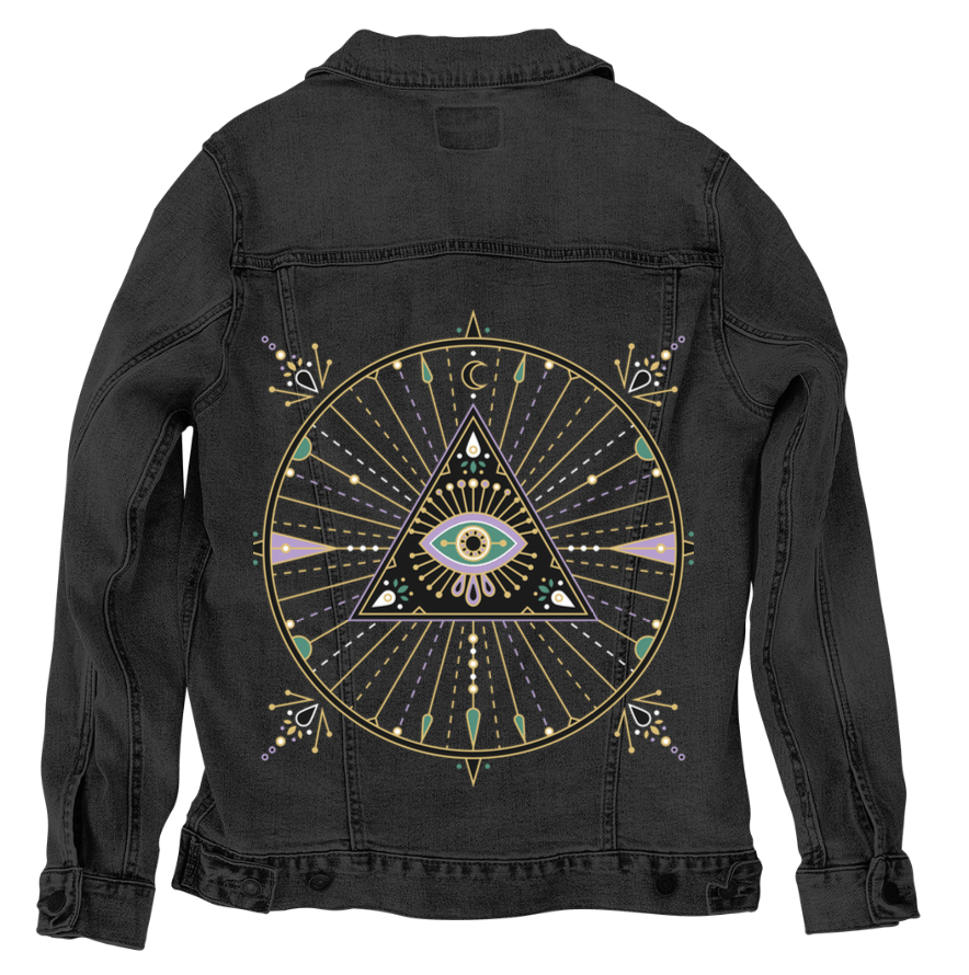 Printed Denim Jacket EVIL EYE MANDALA by CatCoq, digitally printed on DENIM products: throw pillows, aprons, table place mats, and hand-crafted Unisex Denim Jackets in 3 color choices
