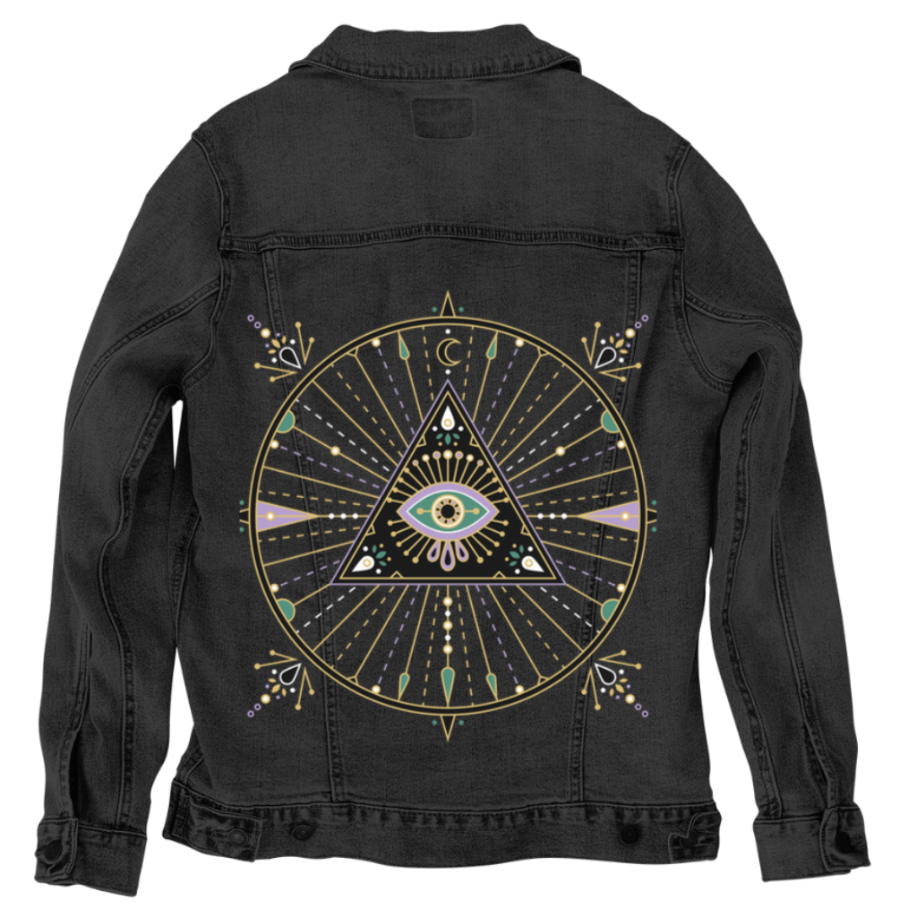 Printed Denim Jacket EVIL EYE MANDALA by CatCoq, digitally printed on DENIM products: throw pillows, aprons, table place mats, and hand-crafted Unisex Denim Jackets in 3 color choices