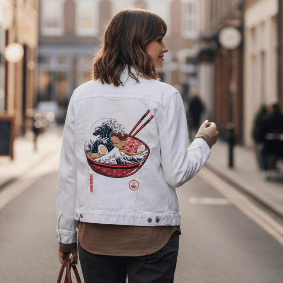 Printed Denim Jacket GREAT RAMEN WAVE by VINCENT TRINID, digitally printed on DENIM products: throw pillows, aprons, table place mats, and hand-crafted Unisex Denim Jackets in 3 color choices