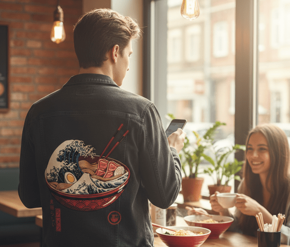 Printed Denim Jacket GREAT RAMEN WAVE by VINCENT TRINID, digitally printed on DENIM products: throw pillows, aprons, table place mats, and hand-crafted Unisex Denim Jackets in 3 color choices