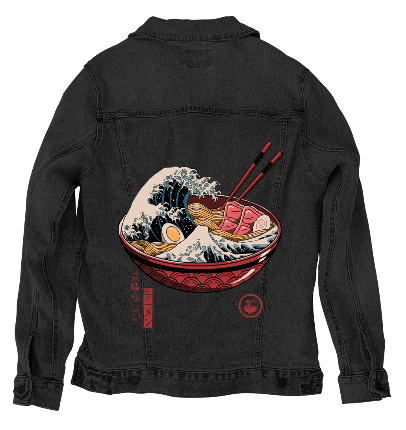 Printed Denim Jacket GREAT RAMEN WAVE by VINCENT TRINID, digitally printed on DENIM products: throw pillows, aprons, table place mats, and hand-crafted Unisex Denim Jackets in 3 color choices