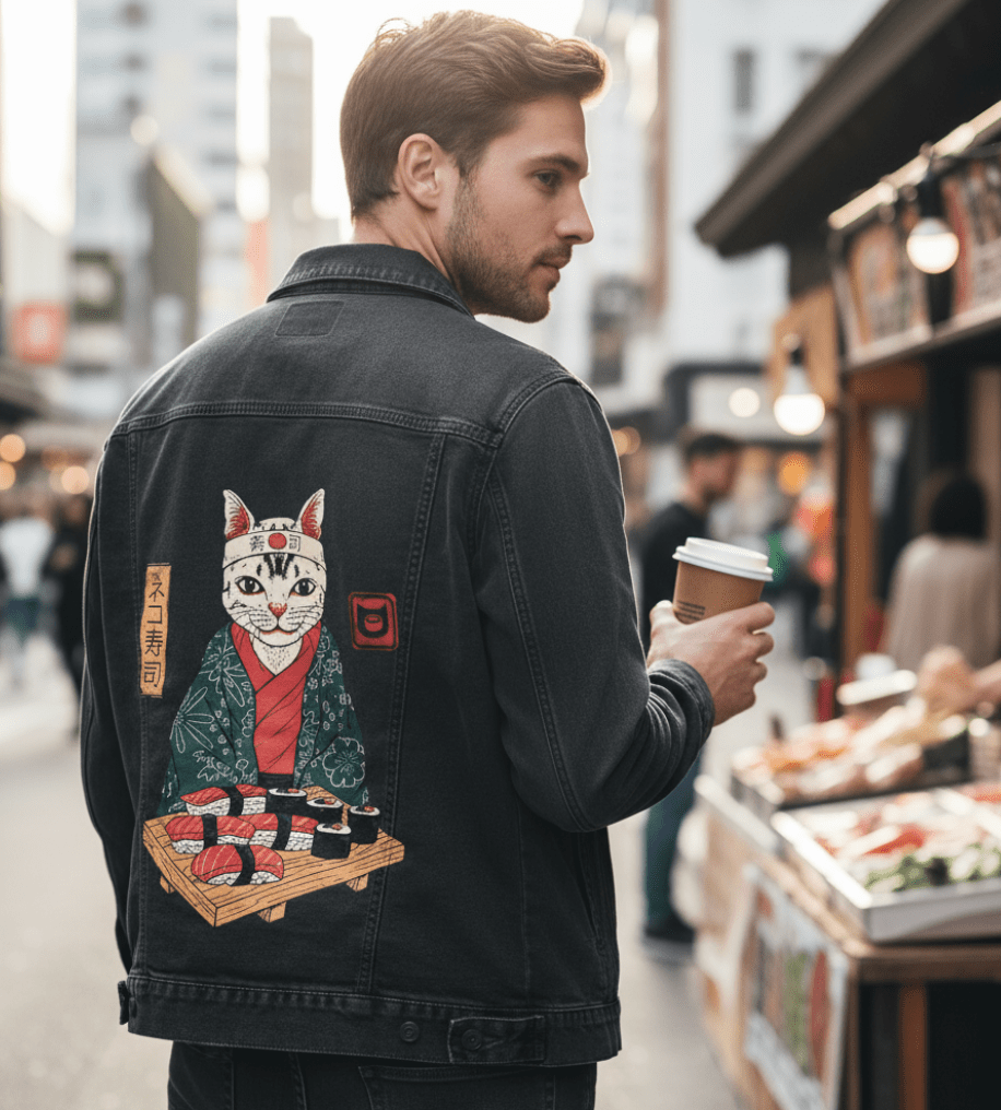 Printed Denim Jacket NEKO SUSHI BAR by VINCENT TRINIDAD, digitally printed on DENIM products: throw pillows, aprons, table place mats, and hand-crafted Unisex Denim Jackets in 3 color choices
