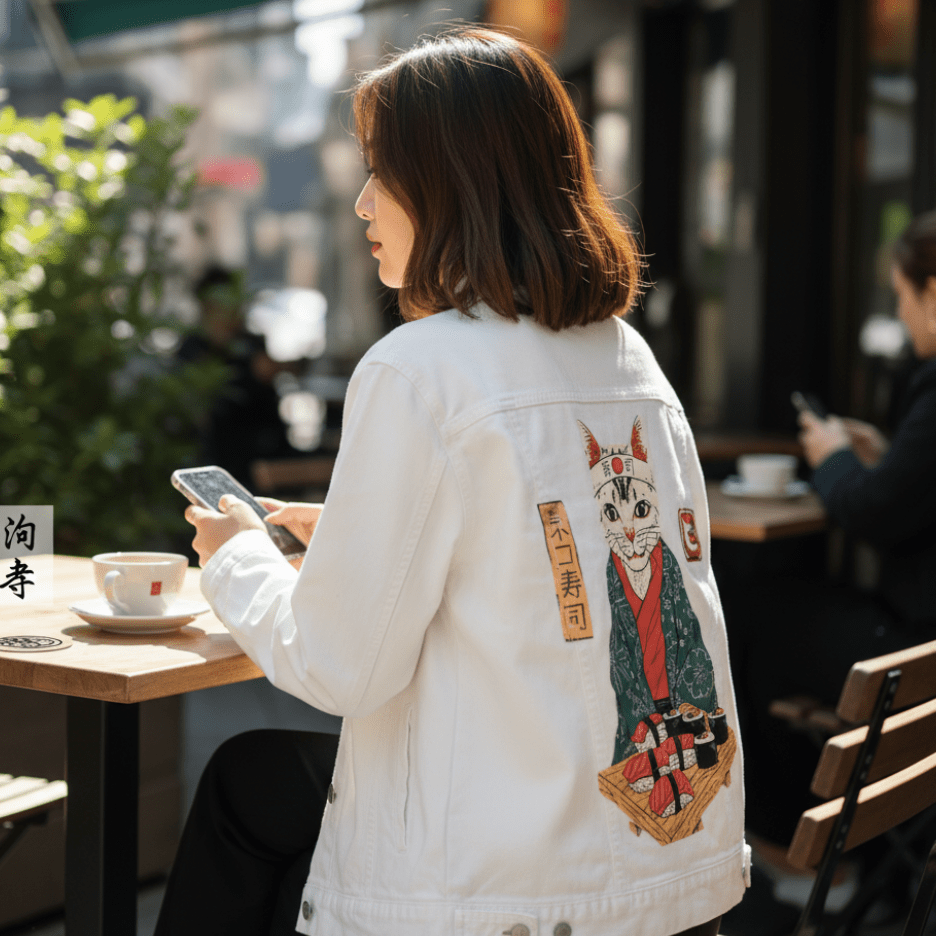 Printed Denim Jacket NEKO SUSHI BAR by VINCENT TRINIDAD, digitally printed on DENIM products: throw pillows, aprons, table place mats, and hand-crafted Unisex Denim Jackets in 3 color choices