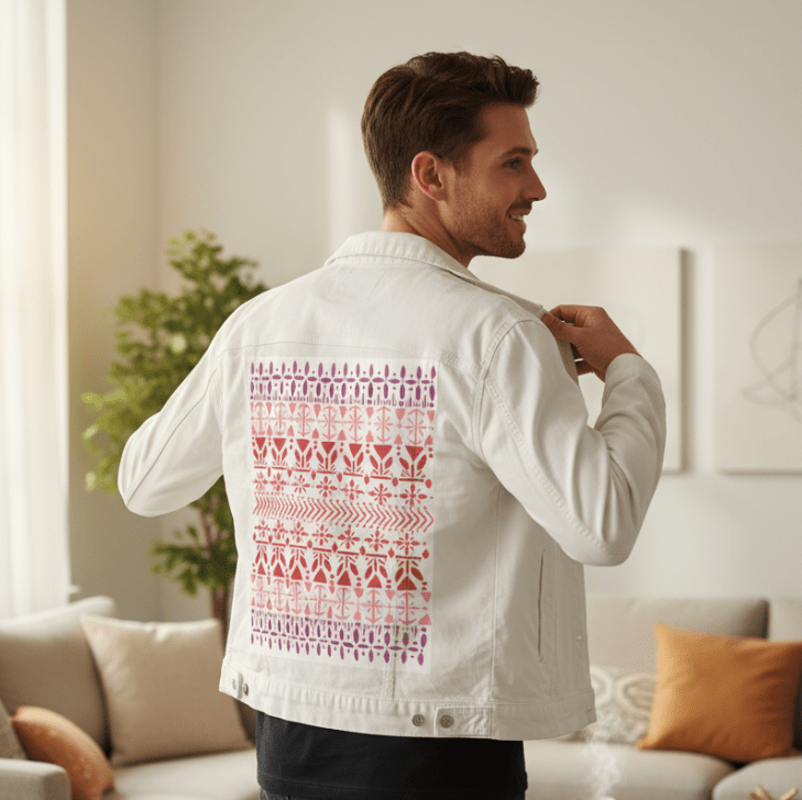 Printed Denim Jacket NORWEGIAN PATTERN by CatCoq printed by DenimINK on hand-crafted Denim Jackets & other Denim products. 3 colors: Stonewash, White, Black. Unisex XS-3X. USA printed