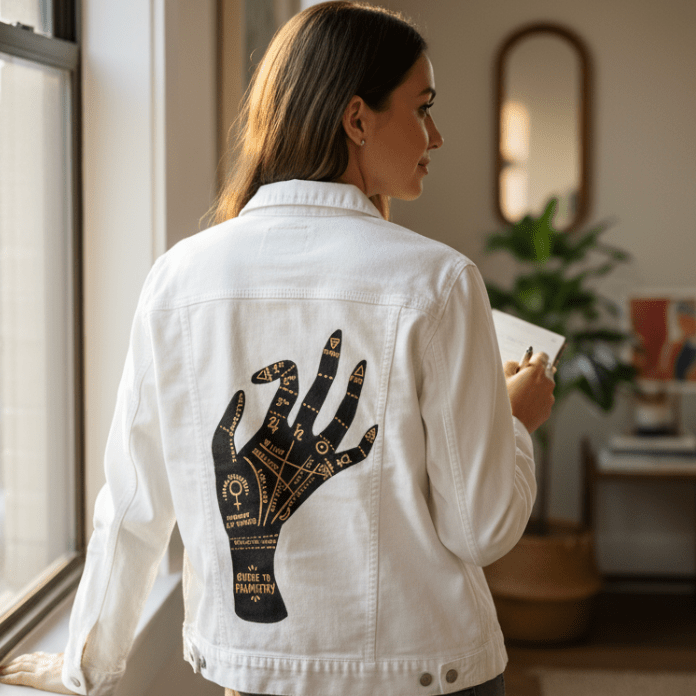 Printed Denim Jacket PALMISTRY by CatCoq printed by DenimINK on hand-crafted Denim Jackets & other Denim products. 3 colors: Stonewash, White, Black. Unisex XS-3X. USA printed