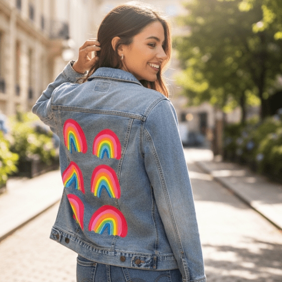 Printed Denim Jacket RAINBOW COLLECTION by CatCoq, digitally printed on DENIM products: throw pillows, aprons, table place mats, and hand-crafted Unisex Denim Jackets in 3 color choices