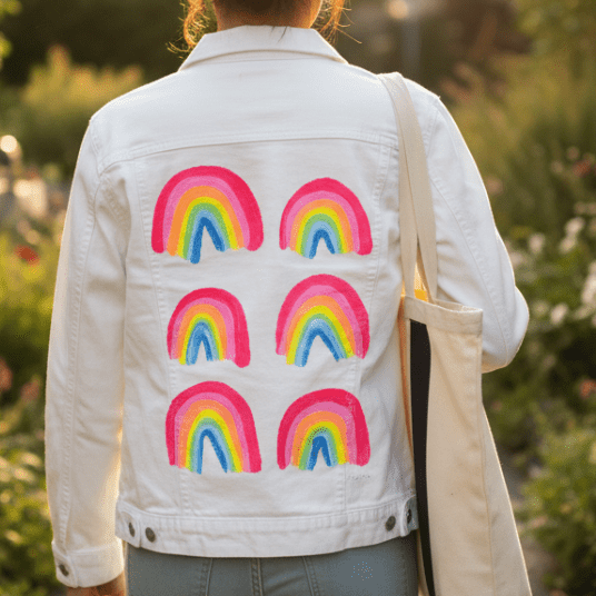 Printed Denim Jacket RAINBOW COLLECTION by CatCoq, digitally printed on DENIM products: throw pillows, aprons, table place mats, and hand-crafted Unisex Denim Jackets in 3 color choices
